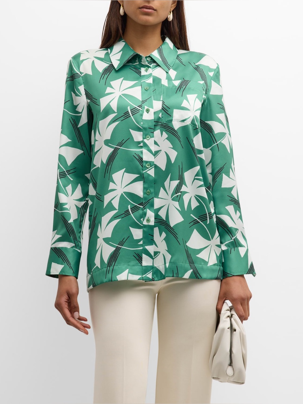 STAUD Martha Green Pinwheel Printed Button-Front Tunic Shirt | Size S | NWT